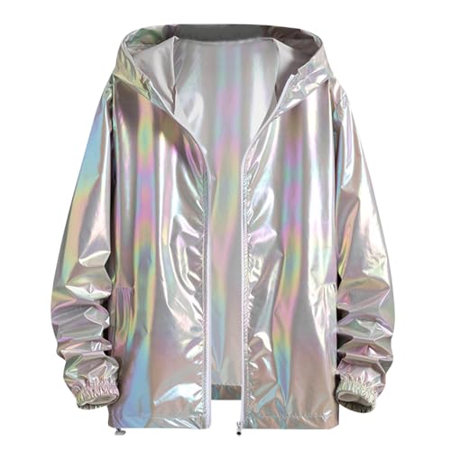 Jacke Silber Metallic Damen, Disco Karneval Kostüm, Bomberjacke Herren Pailletten Sakko Metallic Nightclub Jacke Slim Fit Jacken Lässig Reißverschluss Übergangsjacke Casual Sweatjacke Windjacke