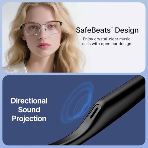 Image of pTron Orbis Era Smart Glasses with Bluetooth V5.4, Open Ear Music, Handsfree Calls, Protects Eye from Blue Light Emitted from Digital Screens, 8Hrs Playtime, Connect with Phones /Tablets (Black)