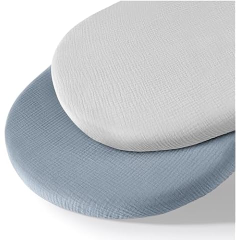 MairMore Muslin Bassinet Sheets for Baby Neutral, Soft Breathable Cotton Fitted Sheets for Oval, Rectangle, Hourglass Bassinet Mattress/Pad - 2 Pack Cover