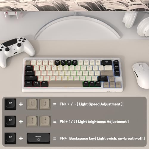 LexonElec X FREEWOLF M68 65% Bezprzewodowa Klawiatura Gamingowa, QWERTY, BT/2.4G/Przewodowa Cicha Klawiatura Membranowa, Podświetlenie Tęczowe, 67 Klawiszy PBT, 2000mAh, Przenośna - Kremowy