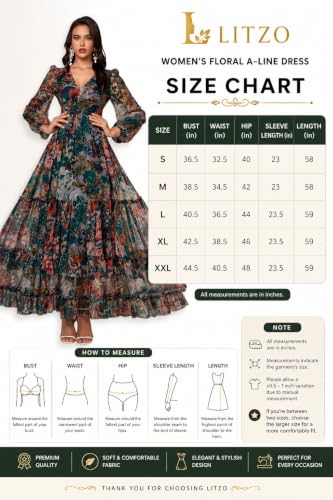 Image of LITZO Women's One Piece Dress - Georgette Floral Printed Western Gown | Long Sleeve V Neck Fit & Flare Flared Hem Design | A-Line Maxi Dress for Women | New Year Party Outfit (NO-29-31)