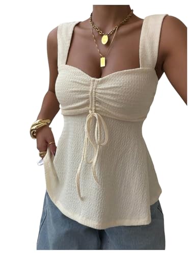 Milumia Women's Eyelet Tie Front Ruched Tank Tops Y2k Drawstring