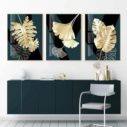 Ginkgo doré et vert en toile murale triptyque haut de gamme pour séjour