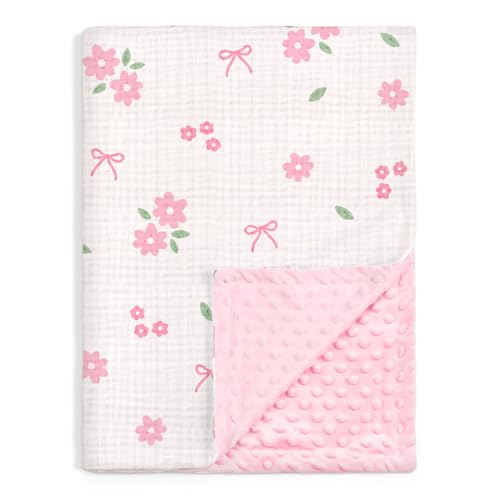 Image of SANDJEST Pink Floral Minky Muslin & Dotted Blanket 30x40 in Gift for Holiday, Gender Reveal Party, Hospital Visit, Baptism