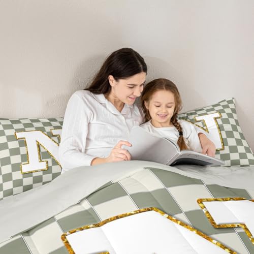 Image of Erosebridal Sage Green Checkered Comforter Set Queen Plaid Initial N Bedding Set Personalized Monogram Comforter for Kids Adults,Fashion Grids Gingham Quilt Duvet