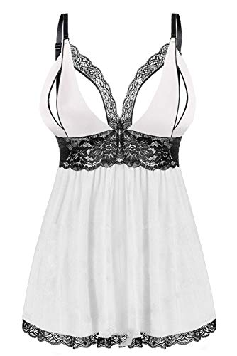 EVELIFE Damen Übergröße Dessous Set Spitze Sexy Chemise Nachtwäsche Babydoll Kleid mit G-String(Weiß XXL)