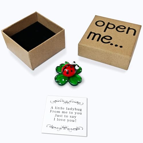 Laozai I Love You Gift Lucky Charm Hand-Blown Mini Crystal Ladybug on 4-Leaf Clover Figurine Perfect Good Luck Gift for Him Boyfriend or Girlfriend Valentines Day Anniversary