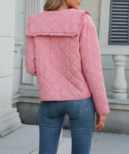 LifeShe Women Plaid Puffer Quilted Jacket Crop Tie Front Padded Coats Ruffled Lapel Collar Puffer Cardigan4