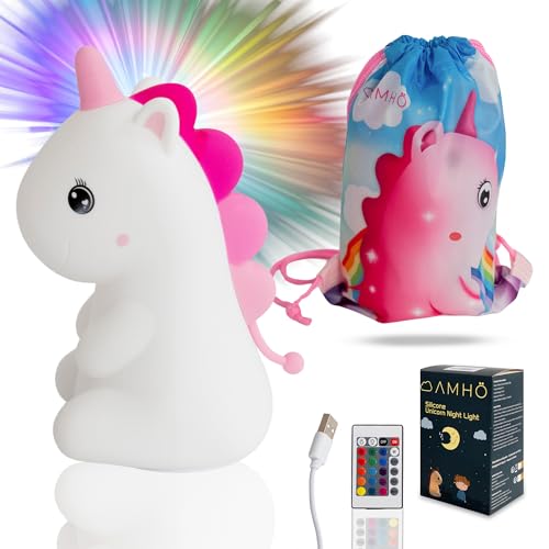 AMHÖ Luz Nocturna Bebe Unicornio con Bolsa de Transporte Luz Nocturna Infantil Luz Quitamiedos Infantil Lampara Bebe Noche Lampara Infantil Luz Bebe NocturnaLuz Roja Bebe Night light Regalo Navidad