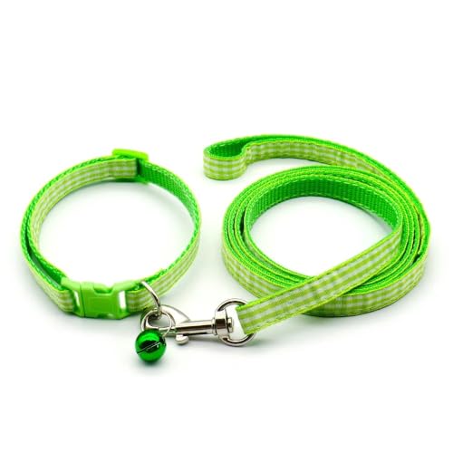 Small Dog Puppy Pet Collar and Lead Set Check Design Nylon Adjustable Size 19-32cm Collar with Bell and 120cm Leash Green - Image 2