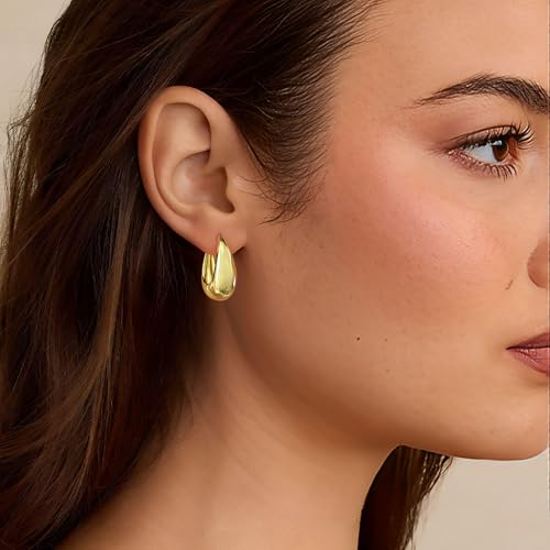 Small Chunky Gold Hoops Teardrop Huggie Earrings 925 Sterling Silver Post 14k Gold Plated Oval Thick Hoop Earrings for Women3