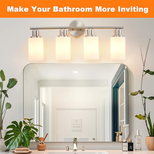 Image of DLLT 4-Light Bathroom Light Fixtures: Nickel Modern Vanity Lights with E26 Bulbs - Milky White Glass Shade Bathroom Wall Lamp for Mirror Kitchen Living Room Hallway Cabinet Porch