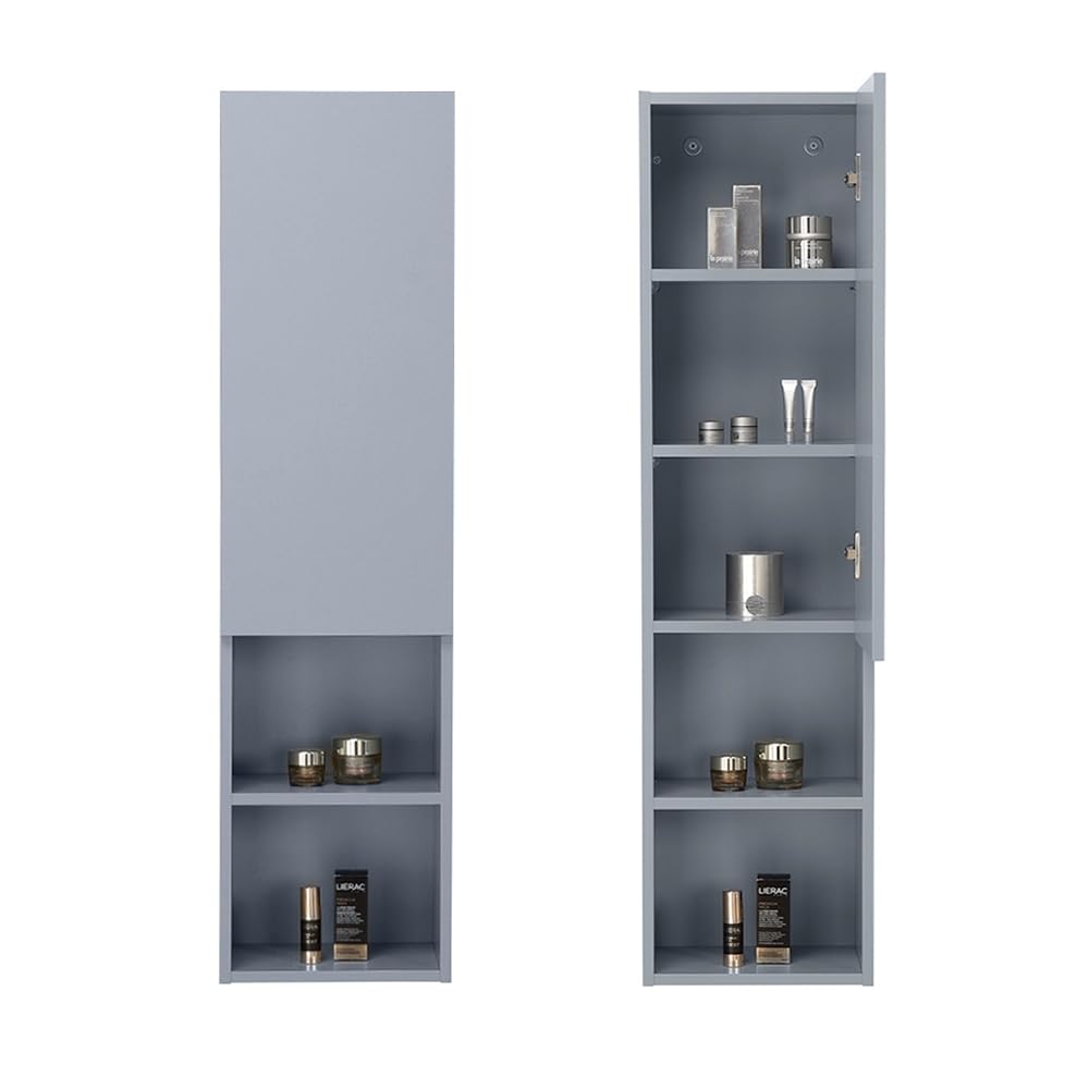 Colonna Bagno Sospesa 115 Cm Azzurro Polvere – Mobile Pensile Con Anta Soft-Close, Vani A Giorno E ripiani Interni – Linea Nuvola