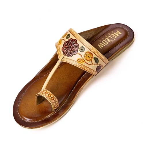 Image of Women Ladies Kolhapuri Genuine Leather Chappal Flats - Slip on Traditional Handcrafted Ethnic and Casual Toe Ring Sandals