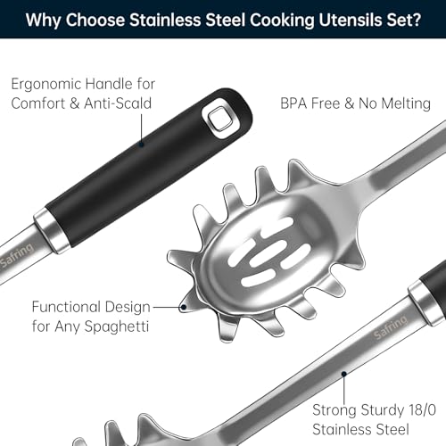 Safring Stainless Steel Soup Ladle and Spaghetti Spoon Set, Heat Resistant Rubber Handle, Dishwasher Safe, Kitchen Utensils for Cooking, Stirring, Serving Pasta, Soup & Sauce - Image 4