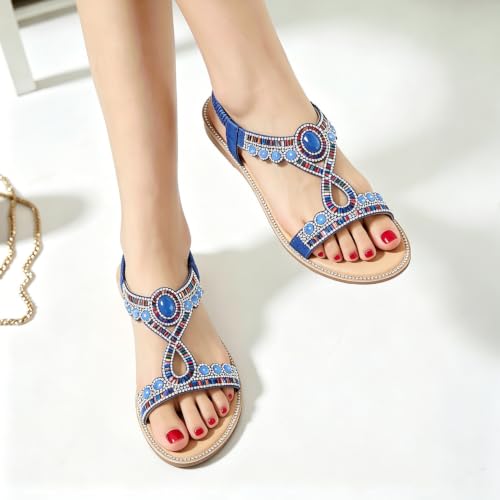 Image of iCKER Womens Rhinestone Strappy Flat Sandals Elastic Ankle Strap Open‑Toe | Sparkling,for wedding,party,evening dates,special occasion,Vacation,Formal