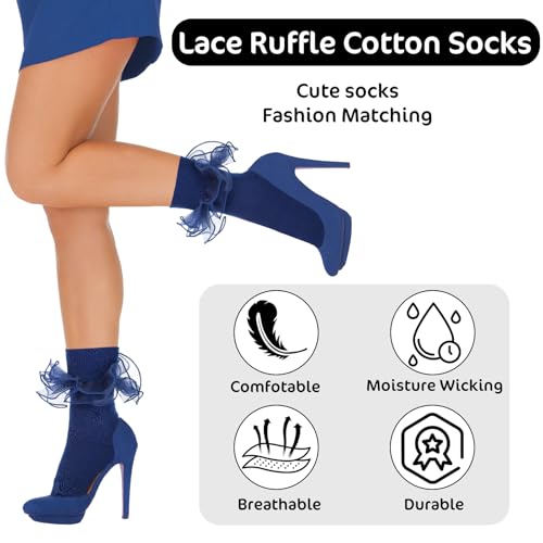 3 pairs Women Big Ruffle Ankle Socks, Double Lace with Bows Turn Cuff Cotton Frilly Dress Socks Cute Cotton Lace Frilly Sock for Ladies2