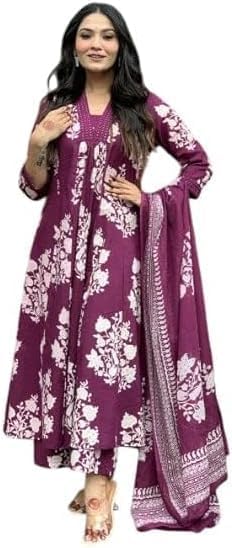 Womens Rayon Blend Anarkali Printed Kurta with Palazzo & Dupatta Festive Wedding Party Kurta Set