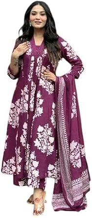 Womens Rayon Blend Anarkali Printed Kurta with Palazzo & Dupatta Festive Wedding Party Kurta Set