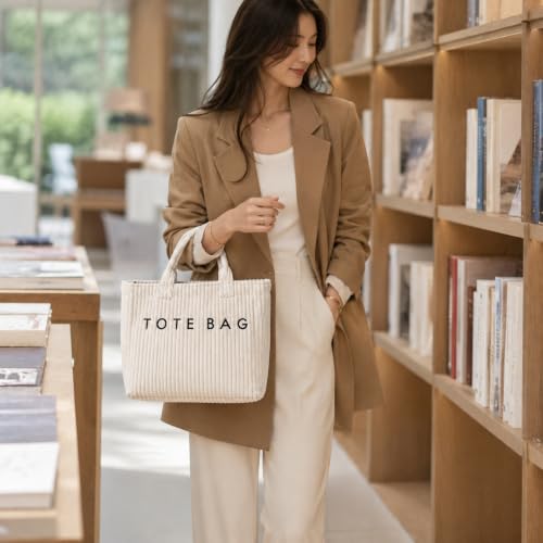 Image of Kawn Korean Tote Bag Aesthetic Corduroy Canvas Handbag for Women Zipper Casual Large Capacity Shoulder Bag with Pockets Versatile Everyday use for College Work Travel & Shopping