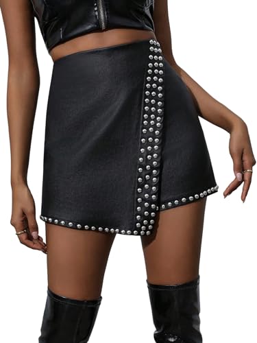 GORGLITTER Pantalones cortos para mujer, elegantes pantalones cortos con decoración de remaches, pierna ancha, falda de cintura alta, pantalones cortos para fiestas, festivales, Negro , S