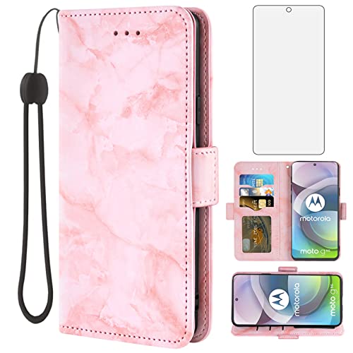 Asuwish Compatible with Moto One 5G Ace/Motorola G G5 2021 Case and Tempered Glass Screen Protector Card Holder Slot Kickstand Flip Marble Wallet Phone Cover for MotoOne 1 One5G UW Ace XT2113-3 Pink