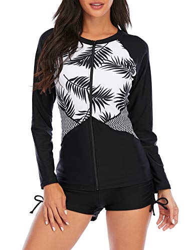 Women's Two Piece Swimsuits Long Sleeve Rashguard Sun Protection Shirt Floral Printed Tankini Swimsuit Bathing Suit Black Leaf L