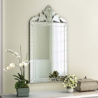 KOHROS Bathroom Vanity Decorative Mirrors for Wall Decor 42" x 24" Venetian Wall Mirror with Floral Etched Design Crown Top Frameless Wall Mirror for Bedroom Bathroom Vanity