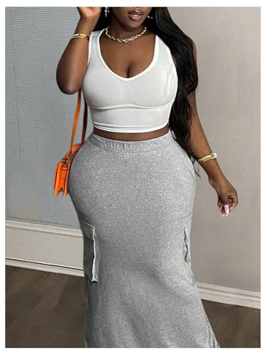 MakeMeChic Women's Y2k Plus Size Elastic High Waist Skirt Bodycon Maxi Skirts with Pocket4