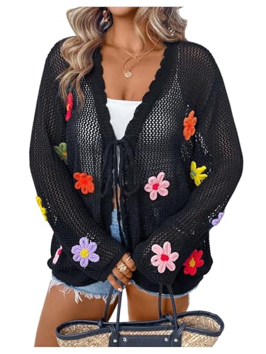 SOLY HUX Women's Plus Size Hollow Out Floral Tie Front Cardigan Sweater Knit Long Sleeve Shirts Lightweight Outerwear