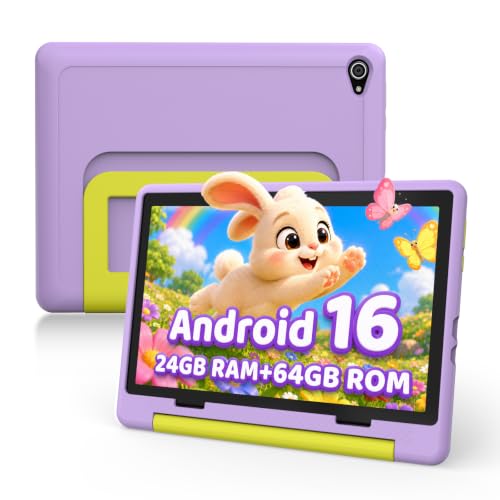 Image of Kids Tablet, Android 16 Tablet for Kids 10.1 inch with Google Play and Case, 24GB RAM 64GB ROM | 1TB Expandable, 6000mAh Battery Parental Control, Dual Camera WiFi 6, for Kids Study Gaming (Purple)