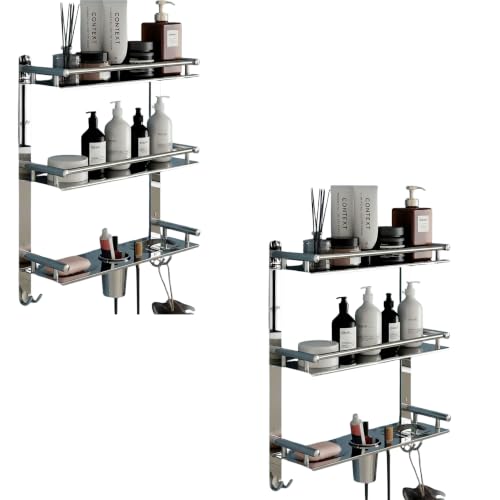 Image of GLOXY Premium Chrome Finish 3 Layer Bathroom Shelves Rack - Combo Pack of 2 Wall Mount Stainless Steel Bathroom Shelf with Soap Dish, Toothbrush Holder & Multipurpose Hooks