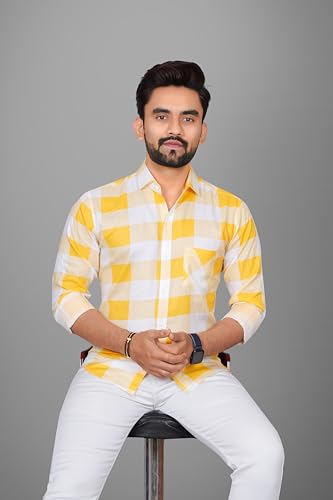 Image of Voroxy Men's Casual Checks Shirt with Pockets Cotton Blend Stylish Branded Checkered Pattern Formal Shirt & Regular Fit Full Sleeves and Spread Collar Style