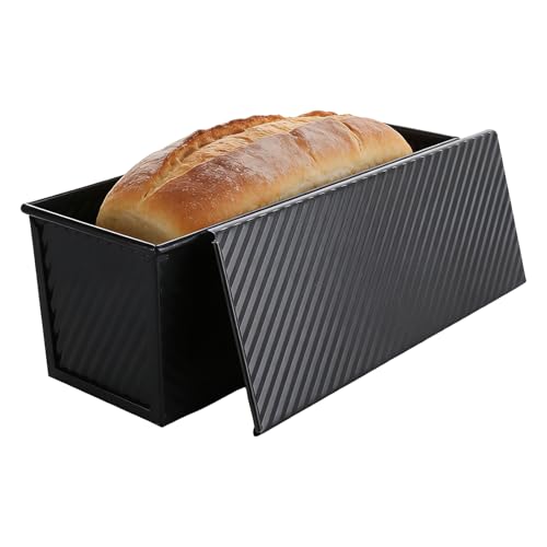 Ghligna Pullman Loaf Tin with Lid 32x12x11cm Black Bread Tin with Lid 1000g Dough Non Stick Carbon Steel Bread Tins for Baking Toast Sandwich Cake