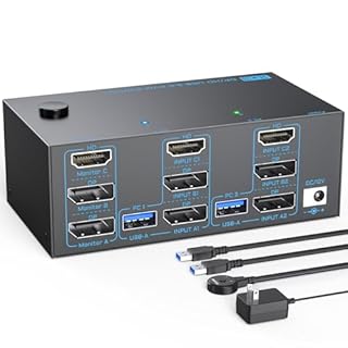 8K KVM Switch 3 Monitors 2 Computers Triple Monitor 2 Displayport 1.4 and HDMI 2.1 USB 3.0 KVM Switches, DP 1.4 Supports 8K@30Hz/4K@144Hz, HDMI Supports Max 8K@60Hz /4K@120Hz with Wired Remote Control