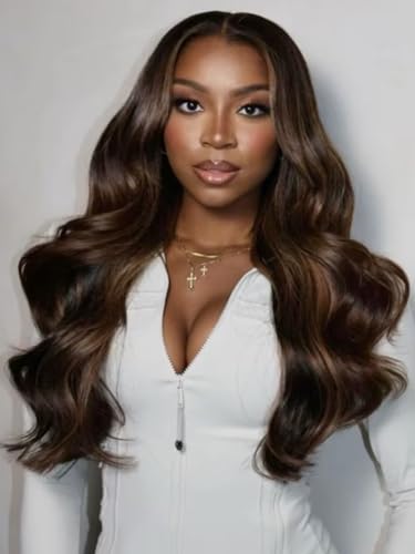 Image of Beauty Forever Pre Everything Glueless Front Espresso Brown With Highlights Body Wave Glueless Wigs Human Hair Pre Plucked Pre Cut 13x4 Loose Wave Bye Bye Knots Ready to Wear Wig 150% Density 20inch