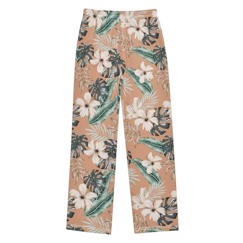 ZZXXB Retro Hibiscus Flower Boys Long Pants Soft Trousers Elastic Waist Kids Lounge Bottoms with Pockets S-XL