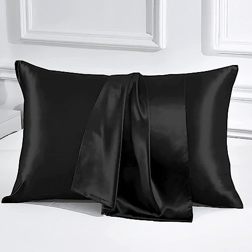 Image of Luxury Silk Satin Pillow Cover Standard Size 18 x 28 - Romantic Pillow Cover Set for Bedroom | Bridal Wedding Soft Luxury Bedding | Black, Pillow Covers (18 x 28)