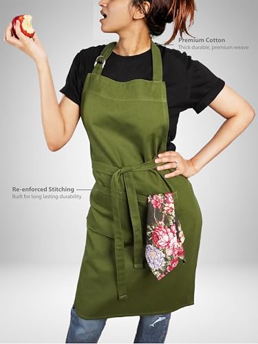 Image of Kitchen Apron - 100% Cotton, Adjustable Neck strap, Large Pocket - Unisex Apron for Men & Women - Cooking, Baking, BBQ, Gardening - Solid Colours, Striped and Checkered Patterns
