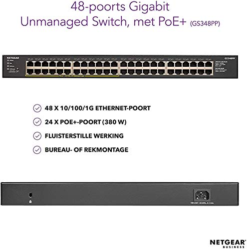 NETGEAR-Switch-PoE-de-48-Puertos-GS348PP-Switch-Ethernet-Unmanaged-Switch-Gigabit-con-24-x-PoE-a-380W-montaje-sobremesabastidor-metal-resistente
