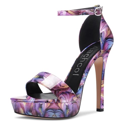 Aachcol Women Ankle Strap Sandals Peep Open Toe Stiletto High Heel Party Purple Multicolor 4.5 Inch 10 US