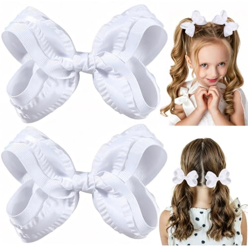 PABOBIT 2PCS Grosgrain Ribbon Hair Bows for Girls, 5 Inch Aligator Bow Clips, No-Slip Bow for Hair, Solid Color Hair Accessories for Girls,Toddlers, Kids and Teens- White