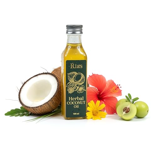 Image of Ria's 9 Herbs Hair Oil for Hair Growth & Hair Fall Control | Handmade Oil with Coconut Milk, Curry Leaf & Amla | For Dry, Damaged, Frizzy Hair | 100% Pure & Natural, Restores Shine | Men & Women-100ml