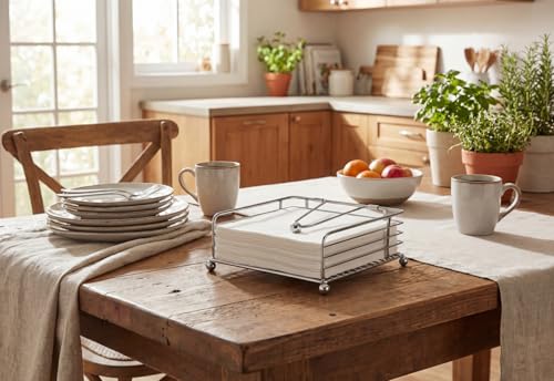 Napkin Holder for Table, Flat Napkin Dispenser with Weighted Arm, Square Cocktail Paper Holder of Elegant Rustic Iron for Kitchen Dining Room Decor Restaurant Farmhouse Hotel Party, Bright Silver - Thumbnail 4