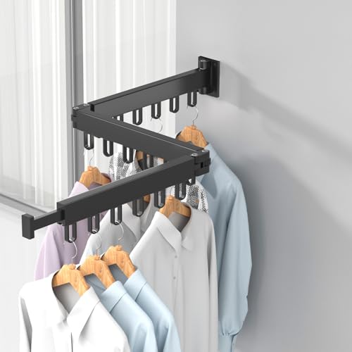HONPHIER Tendedero retráctil para Ropa Tendedero Montado en Pared Giratorio de 360° Tendedero Ropa Interior Exterior para Balcón, Lavandería, Baño (Negro, 3 Fold)