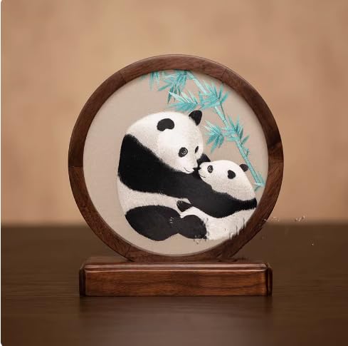 Custom Logo Handmade Embroidery Silk Panda Crafts Ornaments Table Accessories Chinese Double Side Pattern Desk Decorations Gifts with Box (Panda 15)