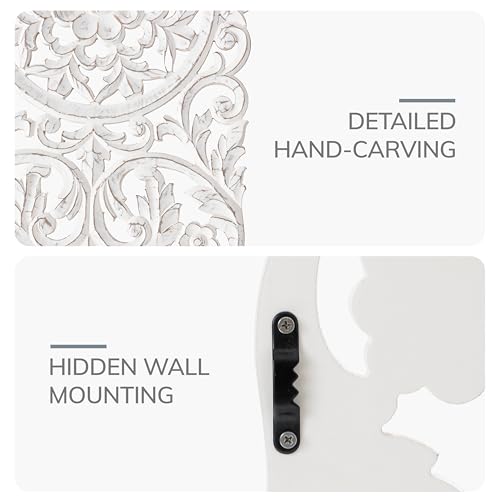 Image of JFY Designs Lisle Hand Carved Wood Medallion Wall Panels Bedroom Decor | Wall Mount Floral Sculpture Wall Art for Living Room, Bedroom Set, White Distressed Finish, Rectangular 18 x 48 inch