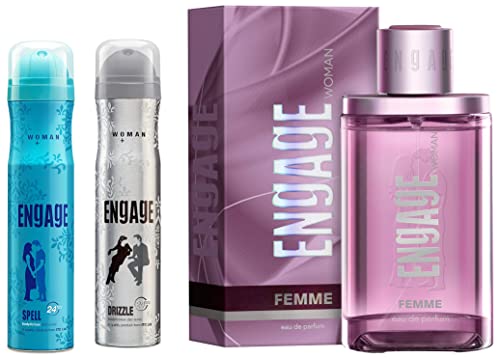 Engage Femme Eau De Parfumspray For Women, Citrus And Floral, 90Ml & Spell Deodorant For Women, Citrus And Fruity, 150 Ml & Drizzle Deodorant For Women, Floral And Lavender, 150 Ml