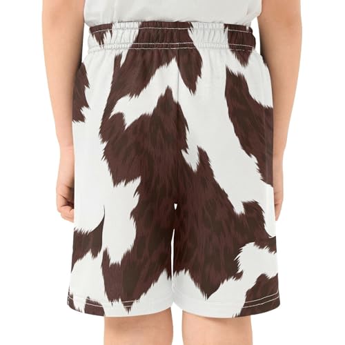 Brown White Cow Athletic Shorts with Zipper Pockets, Youth Boys Athletic Running Shorts for Summer3