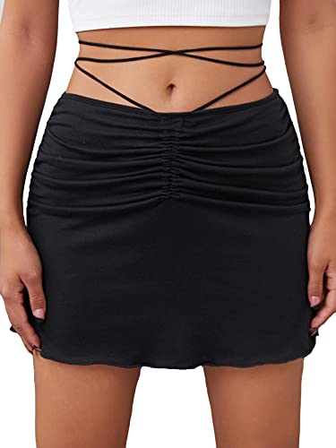 SheIn Women s Ruched Crisscross Mini Bodycon Skirt Tie Front High Waist Short Pencil Skirts Black Large